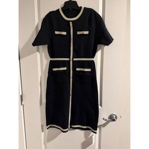Knit Mix Black Short Sleeve Dress Gold Trim Button Detail Chic XL